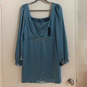 Lulus Got The Love Slate Blue Satin Square-Neck Mini Dress, Size Large NWT